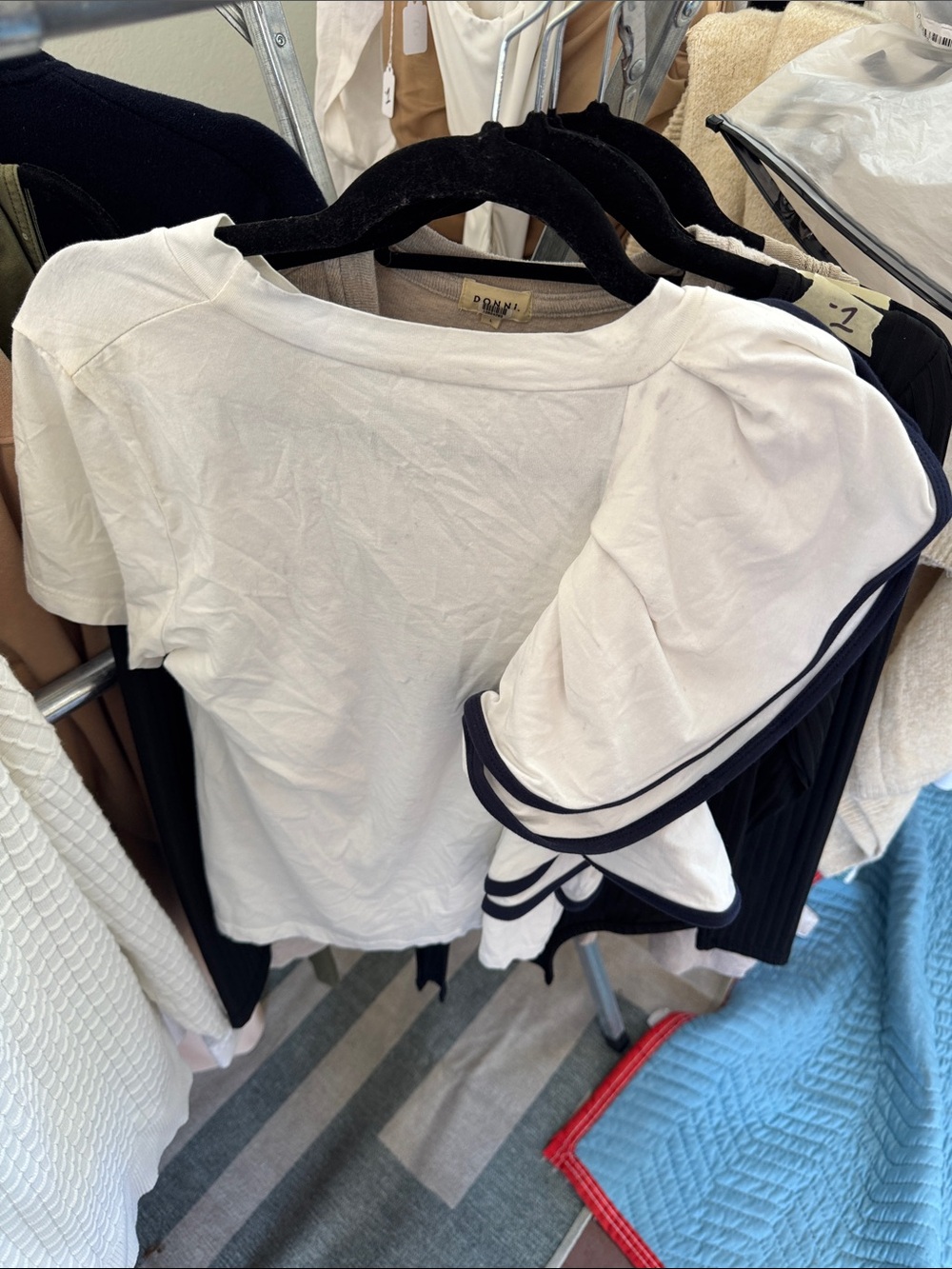Source Unknown White Short-Sleeve Puff Tee with Navy Trim